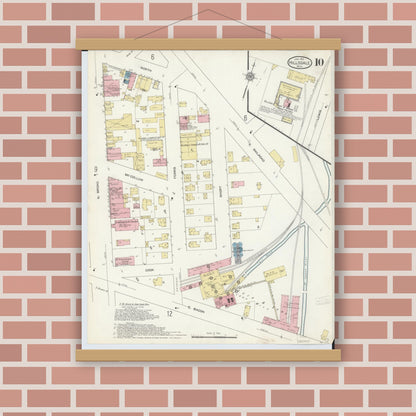 Old map wall art mockup — magnetic wood frame on brick wall — Sanborn Fire Insurance Map from Hillsdale, Hillsdale County, Michigan (1913), Sheet #0010