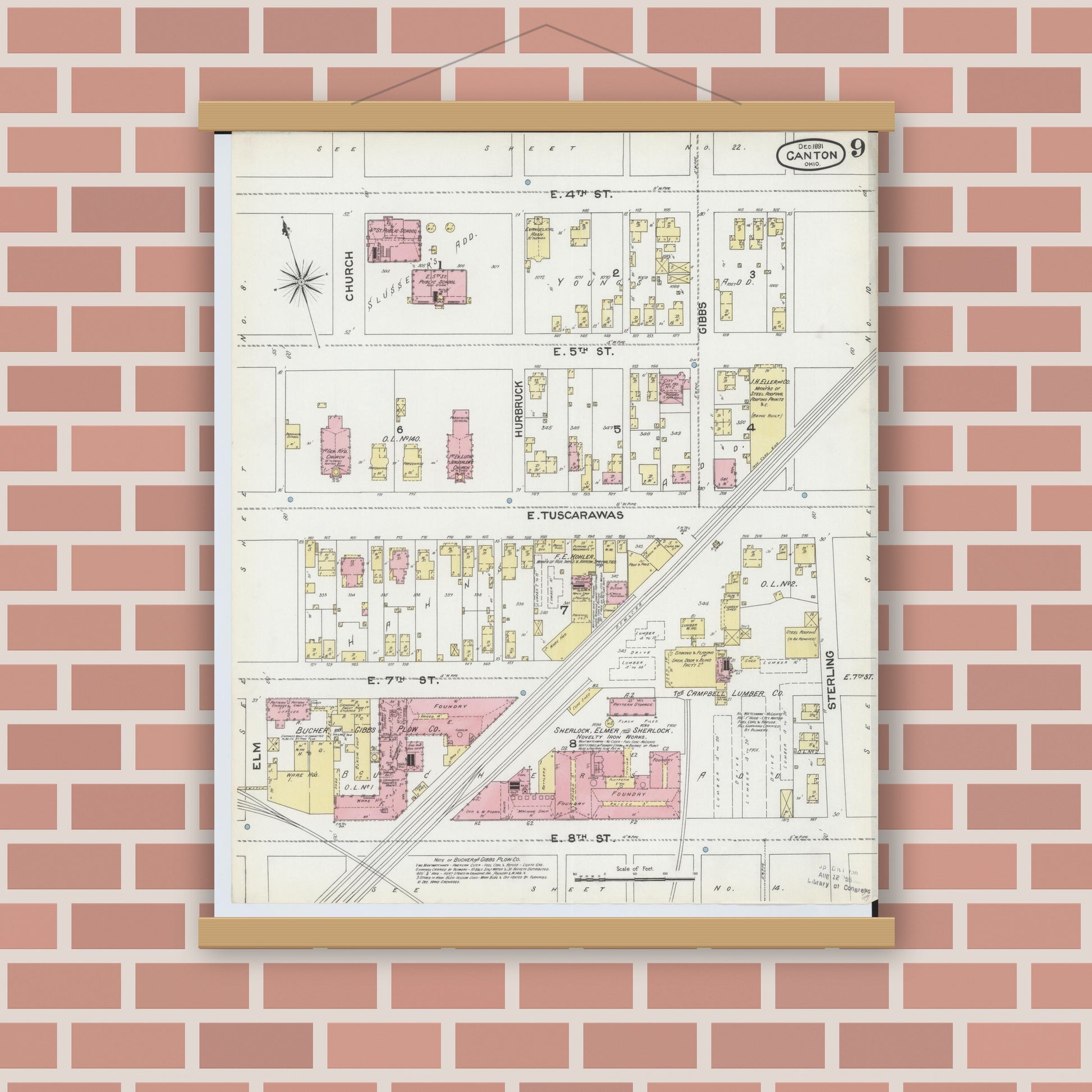 Old map wall art mockup — magnetic wood frame on brick wall — Sanborn Fire Insurance Map from Canton, Stark County, Ohio (1891), Sheet #0009