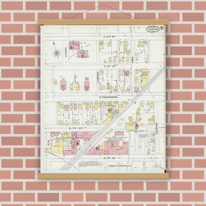 Old map wall art mockup — magnetic wood frame on brick wall — Sanborn Fire Insurance Map from Canton, Stark County, Ohio (1891), Sheet #0009