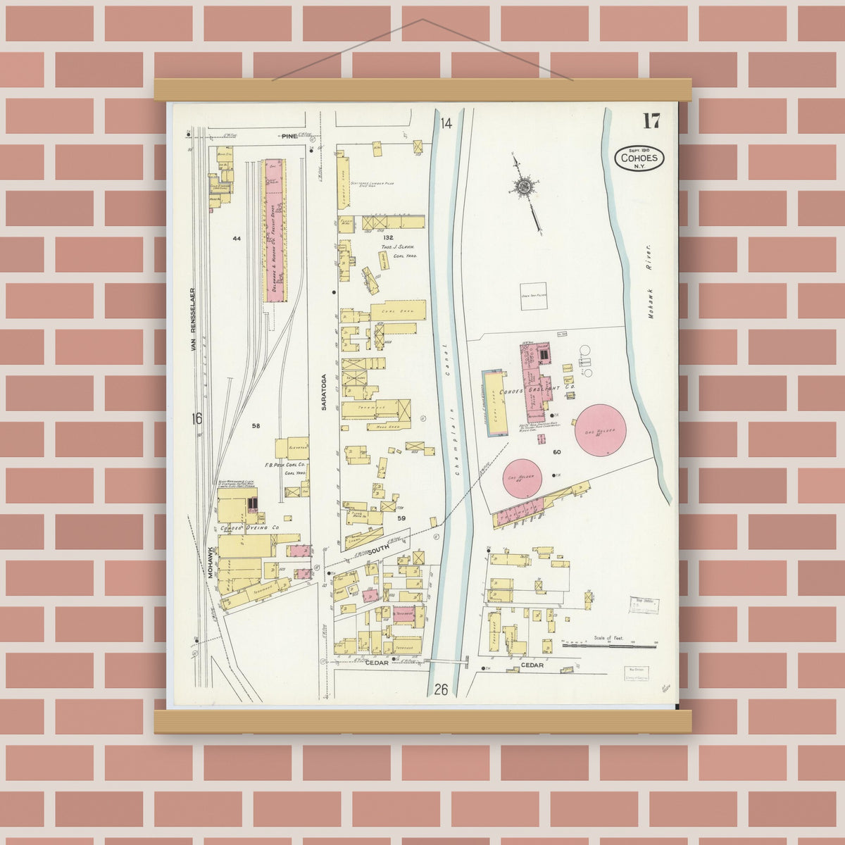 Old map wall art mockup — magnetic wood frame on brick wall — Sanborn Fire Insurance Map from Cohoes, Albany County, New York (1910), Sheet #0017