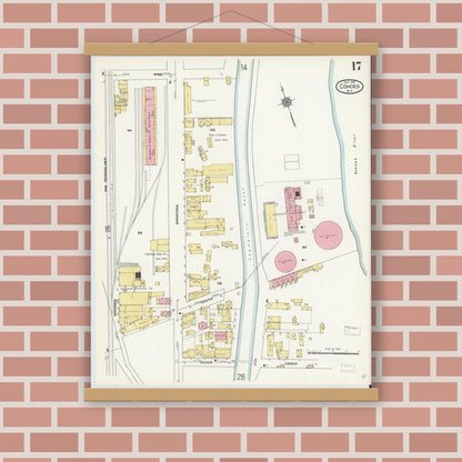 Old map wall art mockup — magnetic wood frame on brick wall — Sanborn Fire Insurance Map from Cohoes, Albany County, New York (1910), Sheet #0017