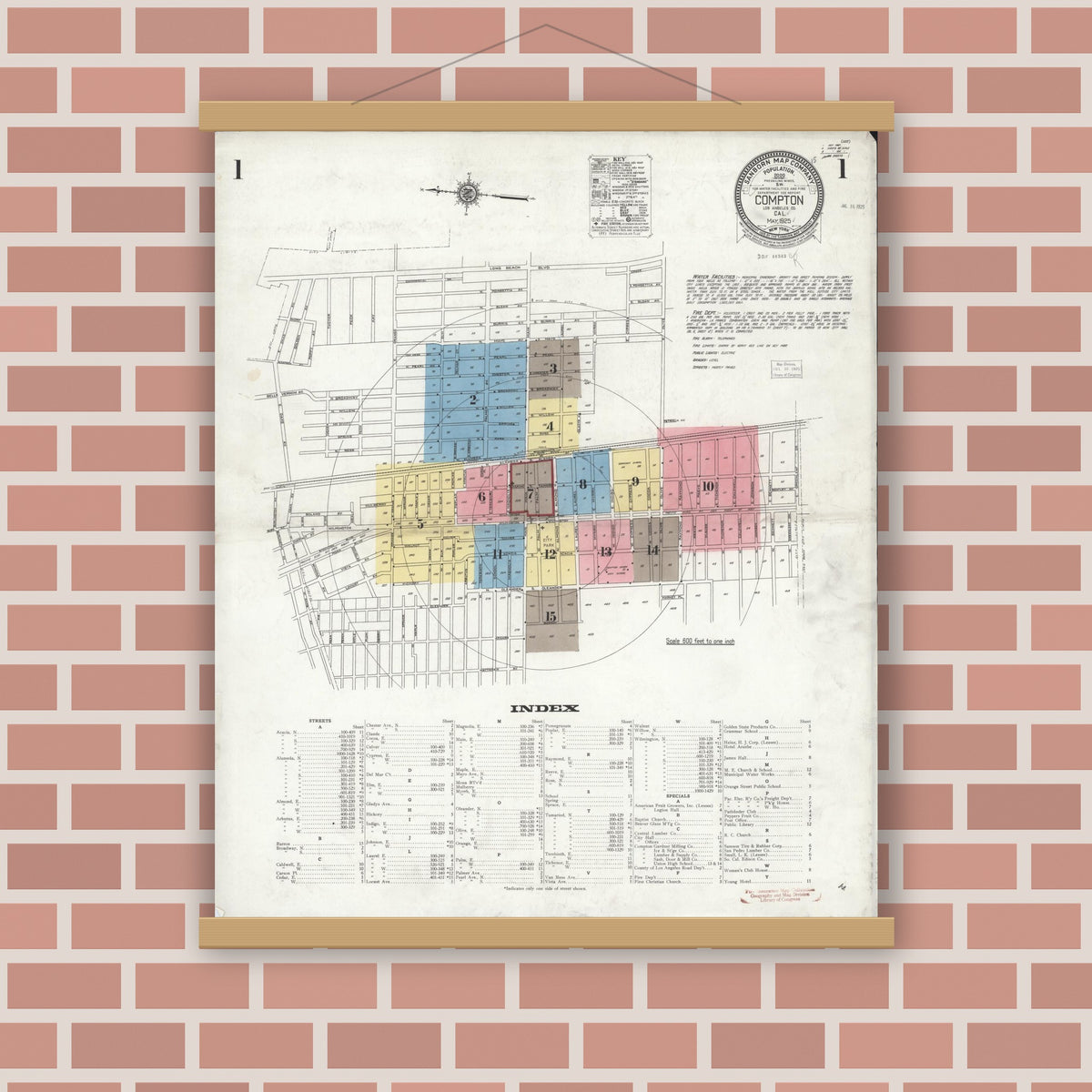 Old map wall art mockup — magnetic wood frame on brick wall — Sanborn Fire Insurance Map from Compton, Los Angeles County, California (1925) - Complete Map Set