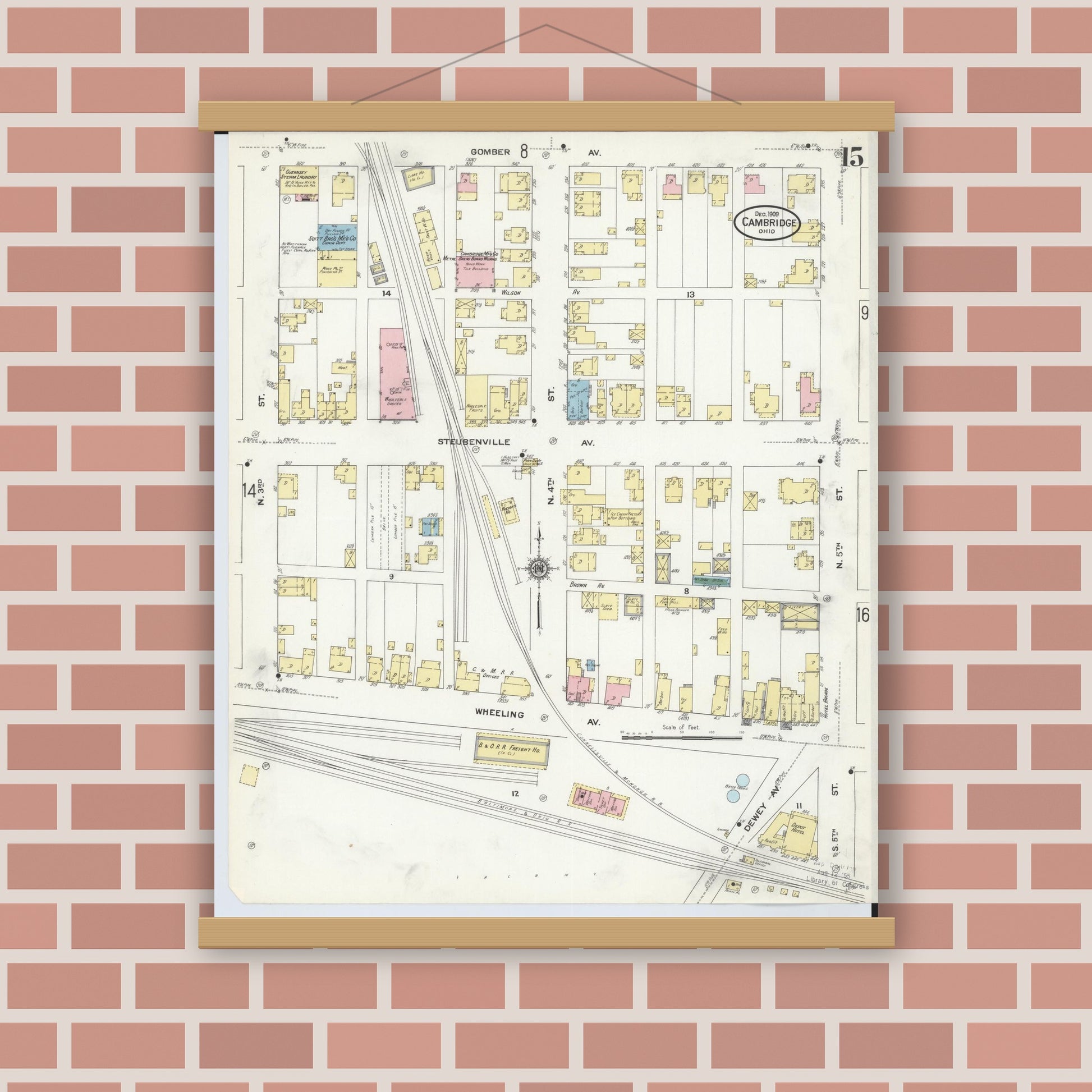 Old map wall art mockup — magnetic wood frame on brick wall — Sanborn Fire Insurance Map from Cambridge, Guernsey County, Ohio (1909), Sheet #0015