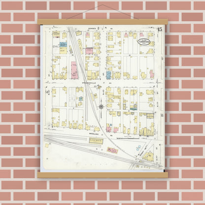 Old map wall art mockup — magnetic wood frame on brick wall — Sanborn Fire Insurance Map from Cambridge, Guernsey County, Ohio (1909), Sheet #0015