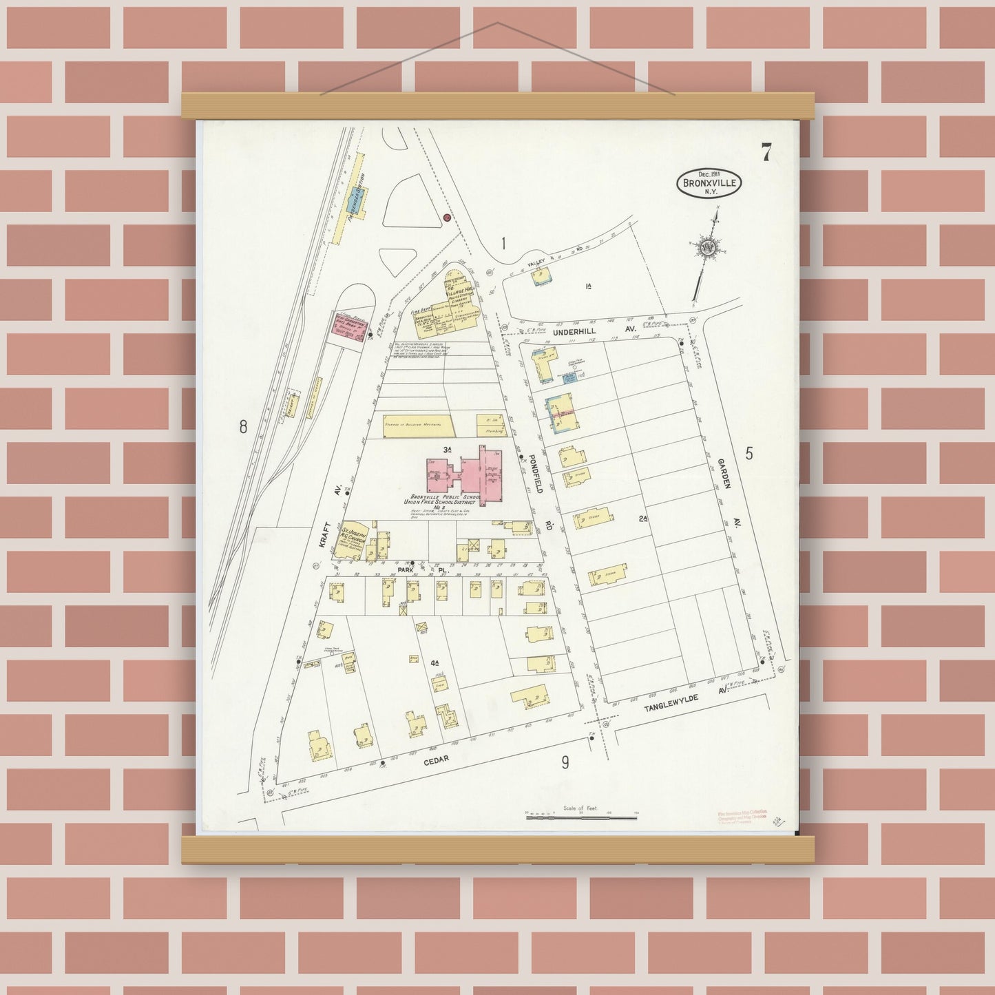 Old map wall art mockup — magnetic wood frame on brick wall — Sanborn Fire Insurance Map from Bronxville, Westchester County, New York (1911), Sheet #0007