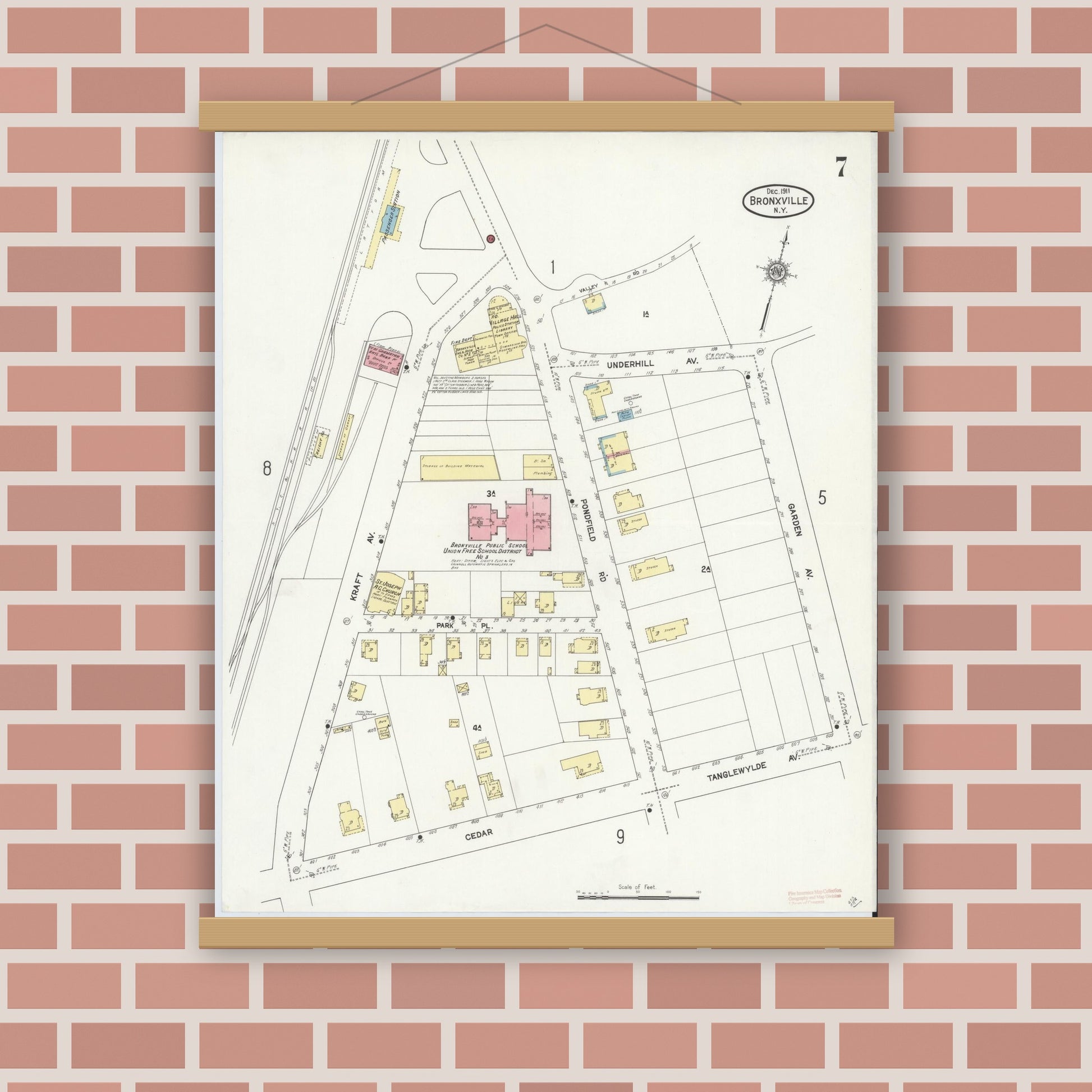 Old map wall art mockup — magnetic wood frame on brick wall — Sanborn Fire Insurance Map from Bronxville, Westchester County, New York (1911), Sheet #0007