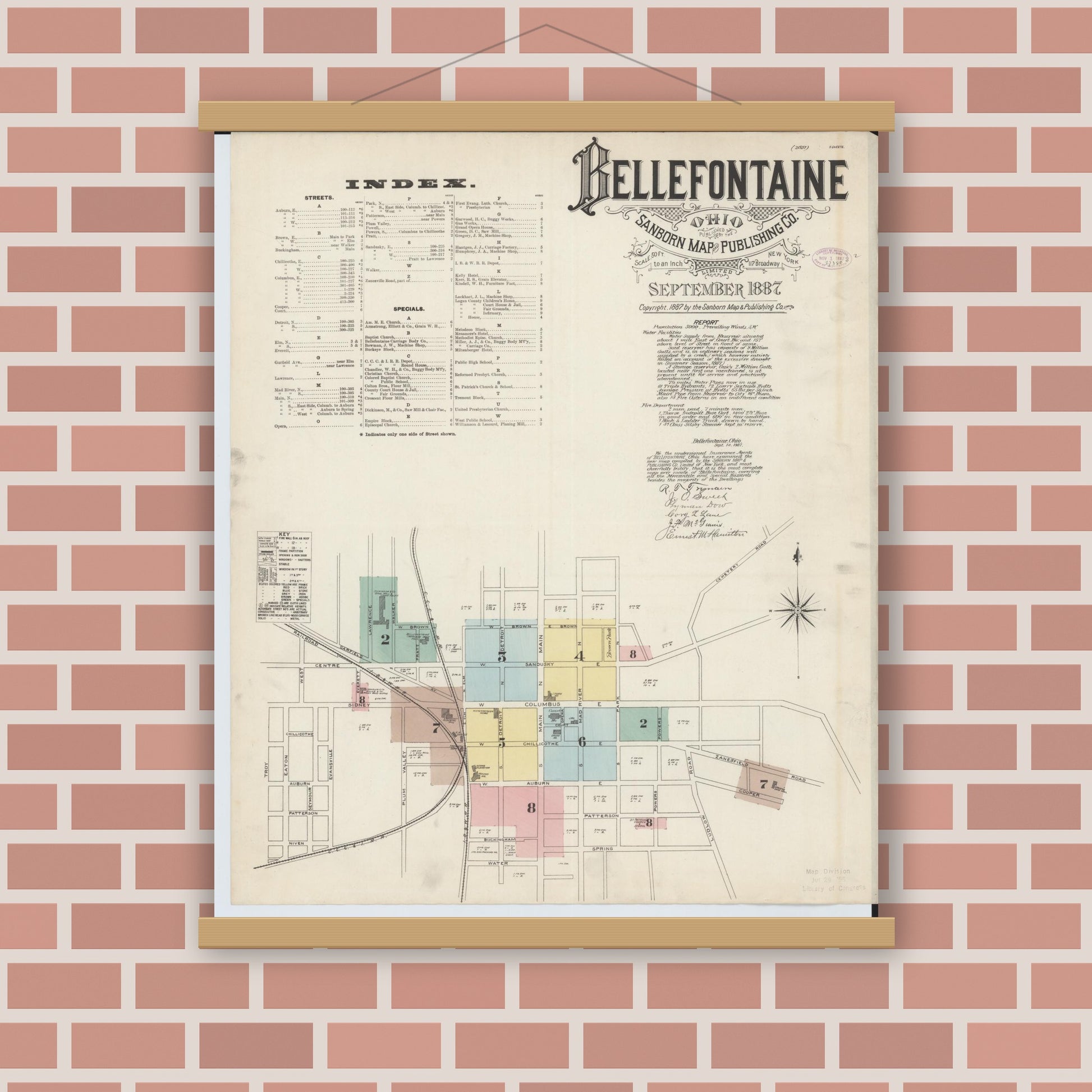 Old map wall art mockup — magnetic wood frame on brick wall — Sanborn Fire Insurance Map from Bellefontaine, Logan County, Ohio (1887), Sheet #0001