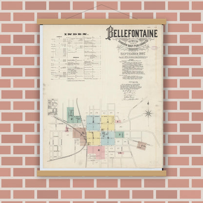 Old map wall art mockup — magnetic wood frame on brick wall — Sanborn Fire Insurance Map from Bellefontaine, Logan County, Ohio (1887), Sheet #0001