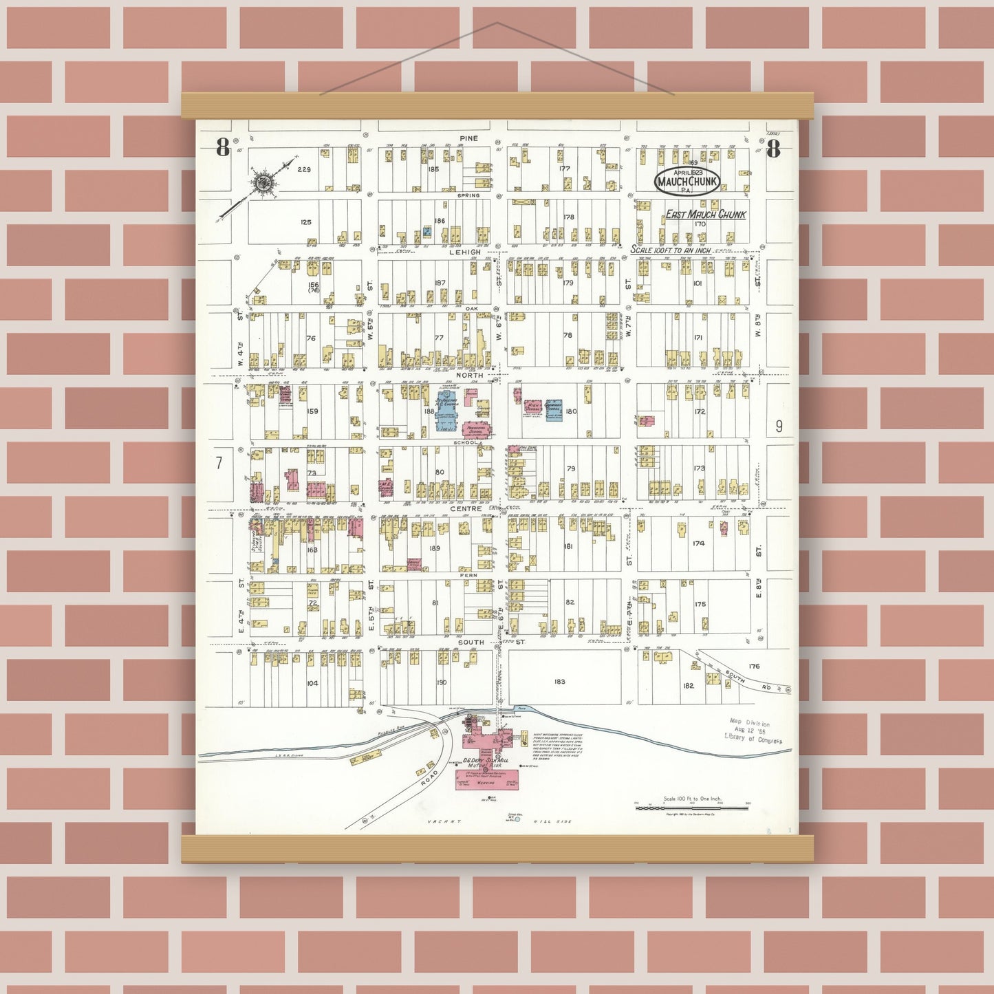 Old map wall art mockup — magnetic wood frame on brick wall — Sanborn Fire Insurance Map from Mauch Chunk, Carbon County, Pennsylvania (1923), Sheet #0008