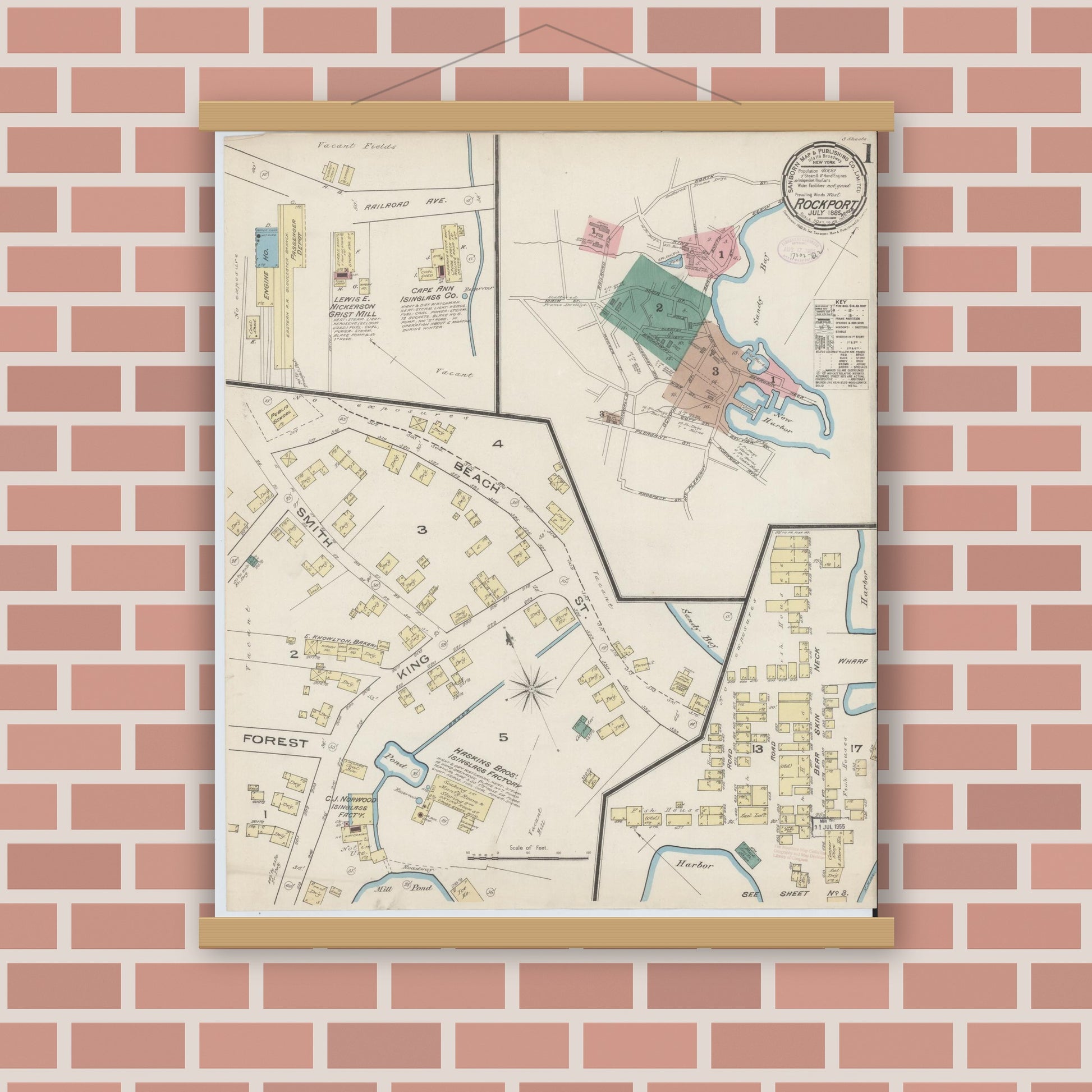 Old map wall art mockup — magnetic wood frame on brick wall — Sanborn Fire Insurance Map from Rockport, Essex County, Massachusetts (1885) - Complete Map Set