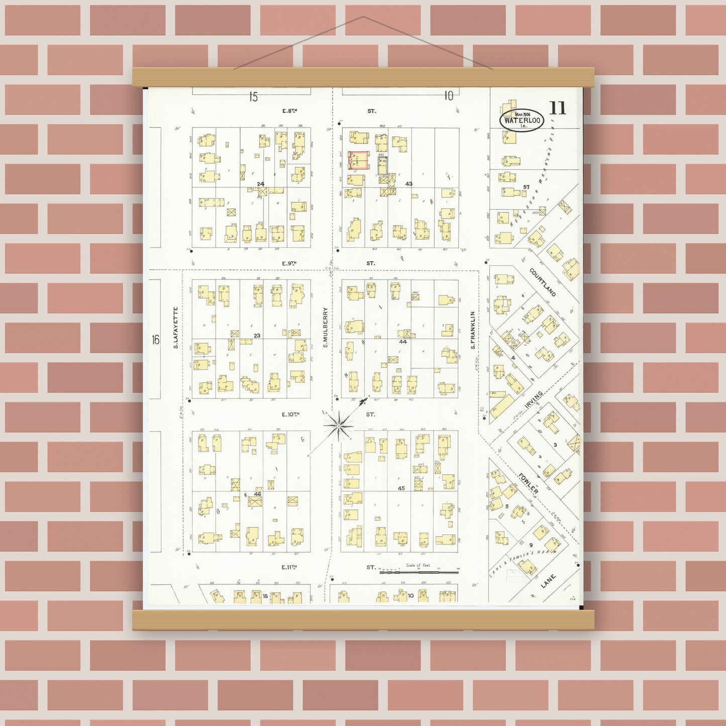 Old map wall art mockup — magnetic wood frame on brick wall — Sanborn Fire Insurance Map from Waterloo, Black Hawk County, Iowa (1906), Sheet #0011