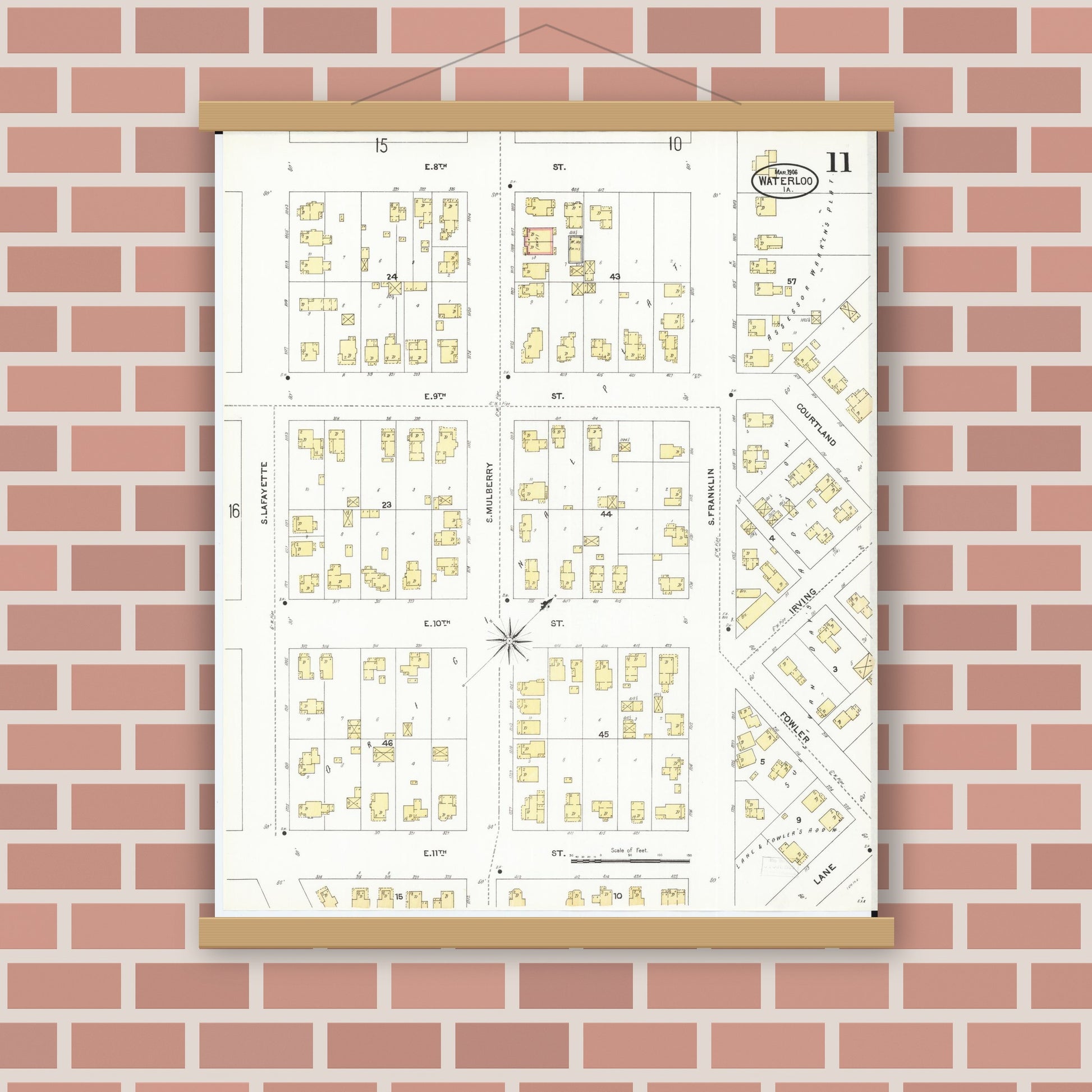 Old map wall art mockup — magnetic wood frame on brick wall — Sanborn Fire Insurance Map from Waterloo, Black Hawk County, Iowa (1906), Sheet #0011