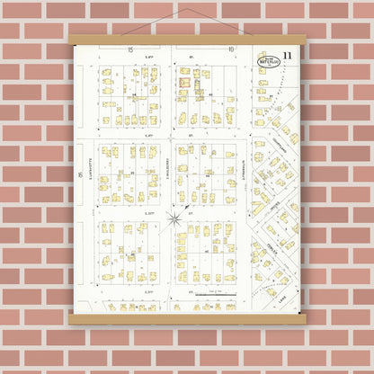 Old map wall art mockup — magnetic wood frame on brick wall — Sanborn Fire Insurance Map from Waterloo, Black Hawk County, Iowa (1906), Sheet #0011