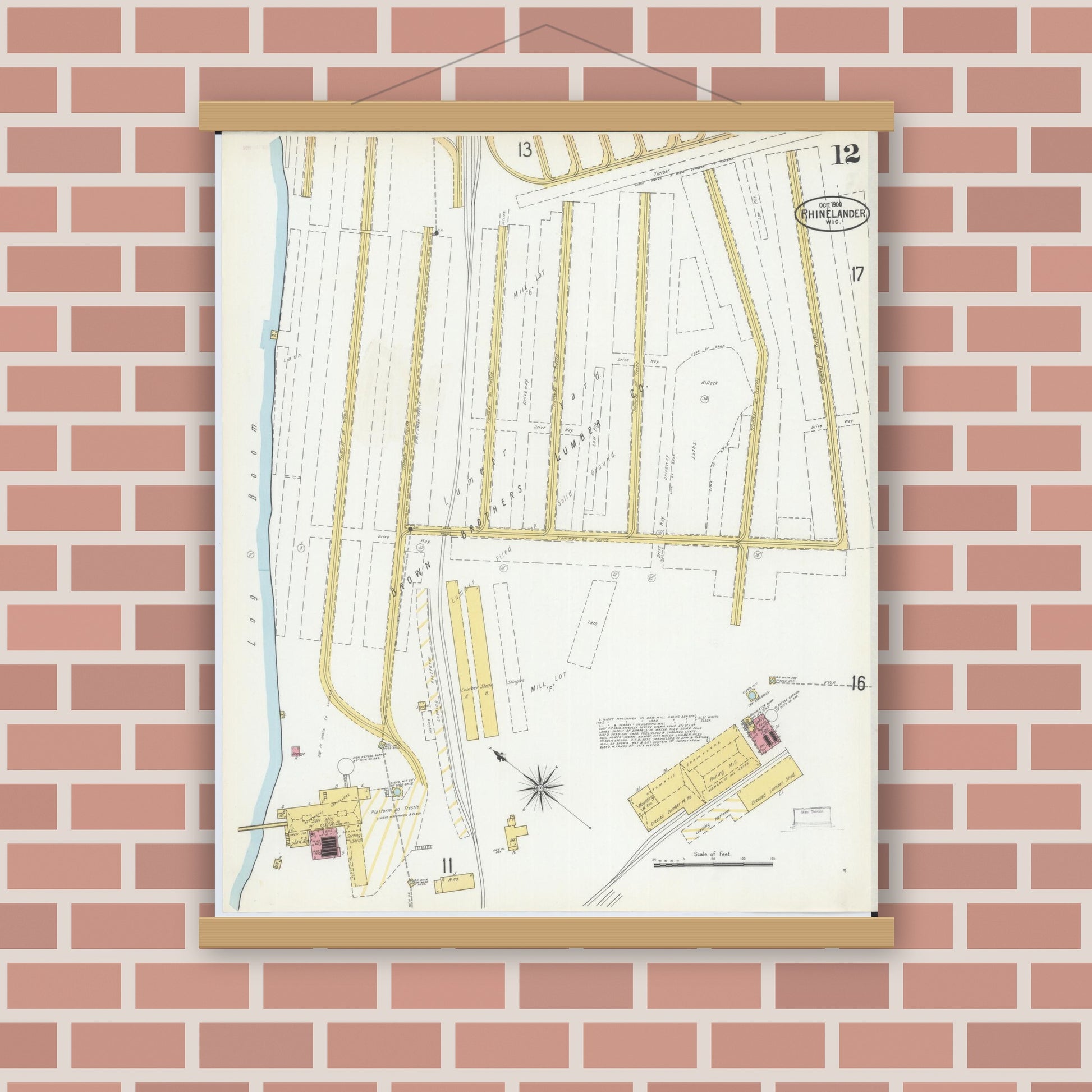 Old map wall art mockup — magnetic wood frame on brick wall — Sanborn Fire Insurance Map from Rhinelander, Oneida County, Wisconsin (1900), Sheet #0012