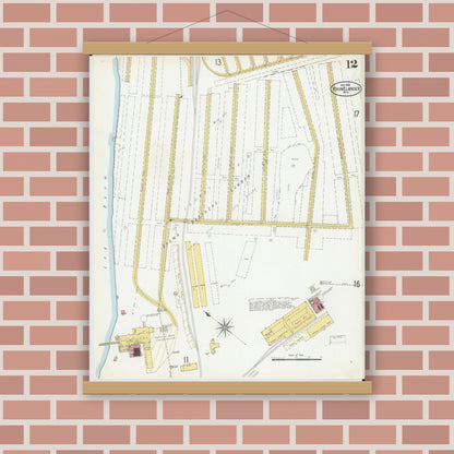 Old map wall art mockup — magnetic wood frame on brick wall — Sanborn Fire Insurance Map from Rhinelander, Oneida County, Wisconsin (1900), Sheet #0012