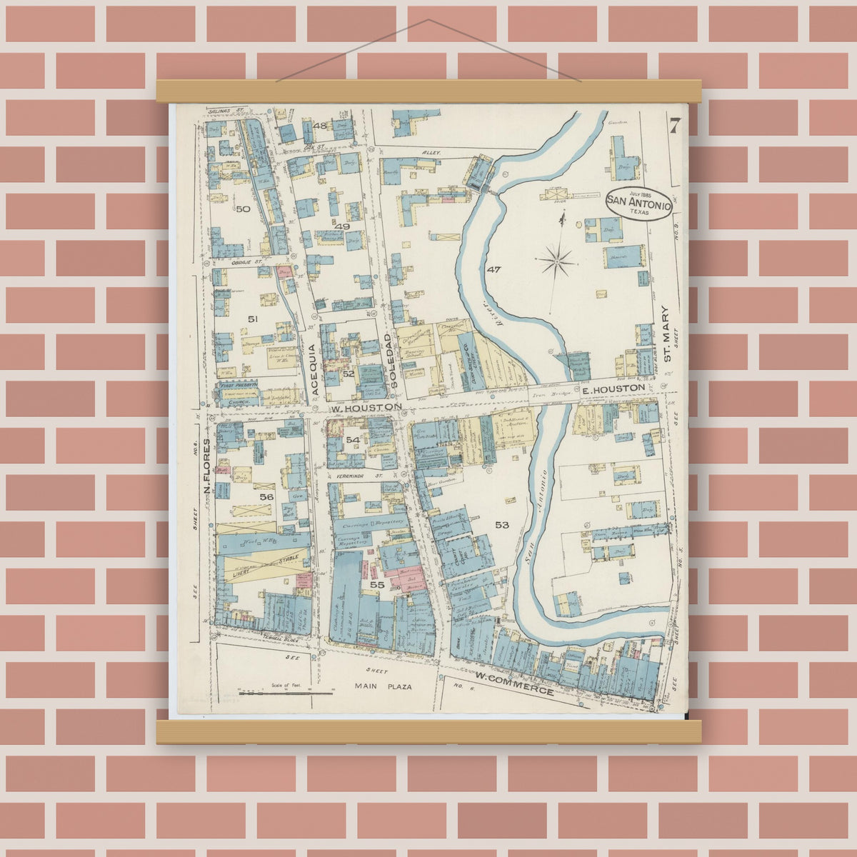 Old map wall art mockup — magnetic wood frame on brick wall — Sanborn Fire Insurance Map from San Antonio, Bexar County, Texas (1885), Sheet #0007