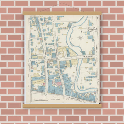 Old map wall art mockup — magnetic wood frame on brick wall — Sanborn Fire Insurance Map from San Antonio, Bexar County, Texas (1885), Sheet #0007