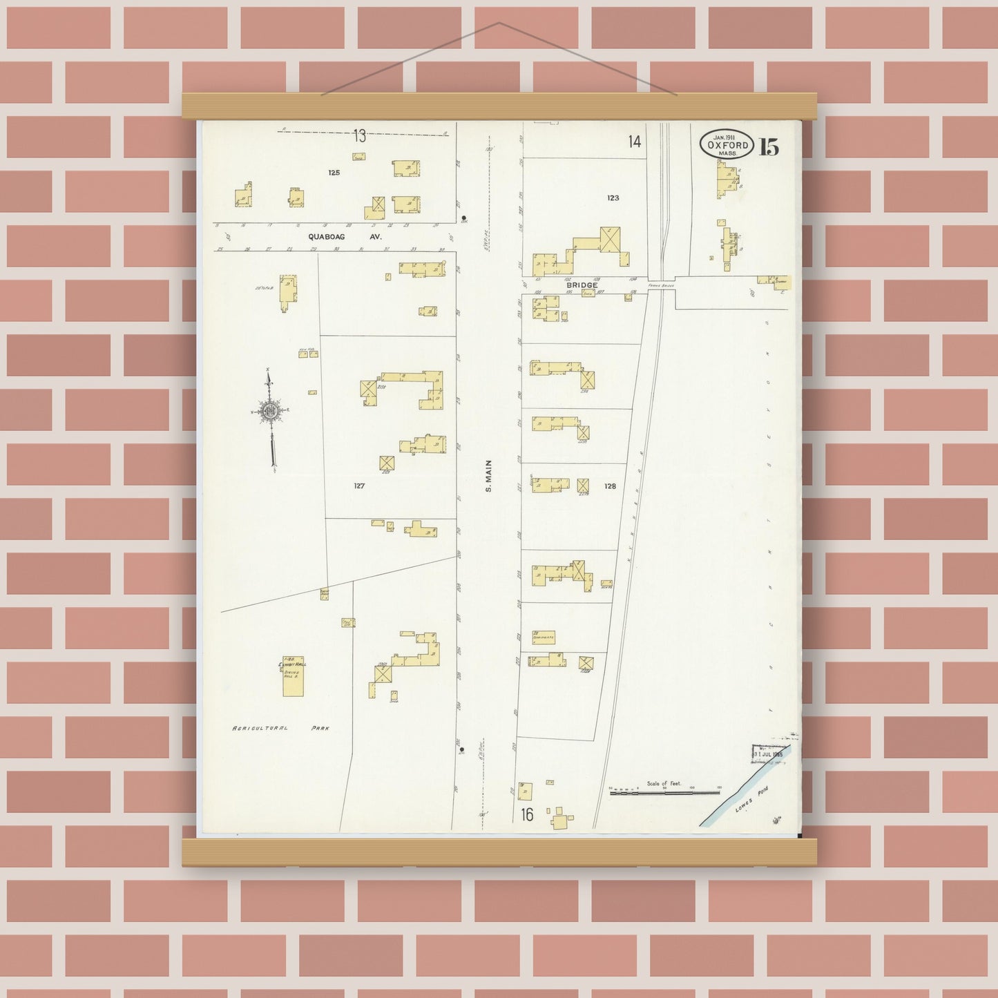 Old map wall art mockup — magnetic wood frame on brick wall — Sanborn Fire Insurance Map from Oxford, Worcester County, Massachusetts (1911), Sheet #0015