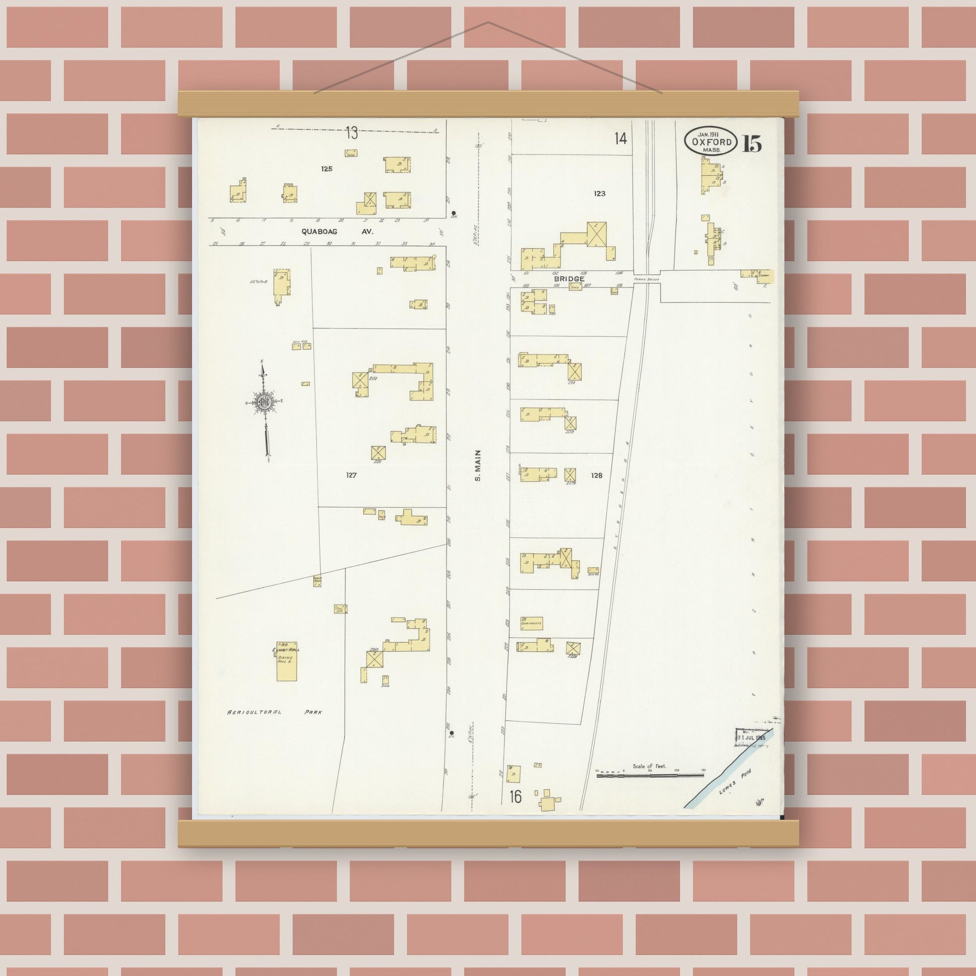 Old map wall art mockup — magnetic wood frame on brick wall — Sanborn Fire Insurance Map from Oxford, Worcester County, Massachusetts (1911), Sheet #0015