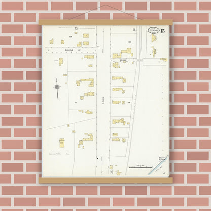 Old map wall art mockup — magnetic wood frame on brick wall — Sanborn Fire Insurance Map from Oxford, Worcester County, Massachusetts (1911), Sheet #0015