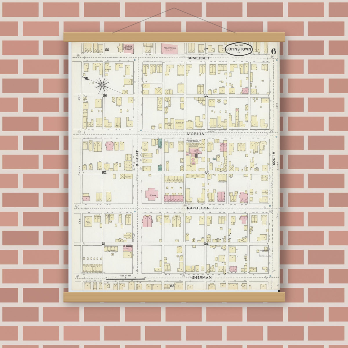 Old map wall art mockup — magnetic wood frame on brick wall — Sanborn Fire Insurance Map from Johnstown, Cambria County, Pennsylvania (1891), Sheet #0006