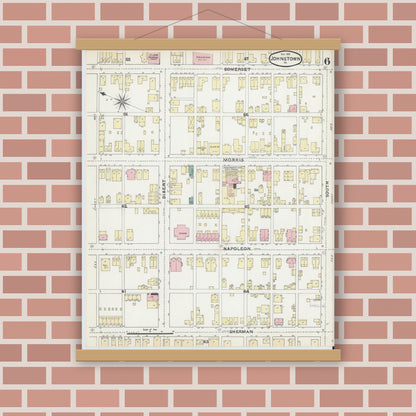 Old map wall art mockup — magnetic wood frame on brick wall — Sanborn Fire Insurance Map from Johnstown, Cambria County, Pennsylvania (1891), Sheet #0006