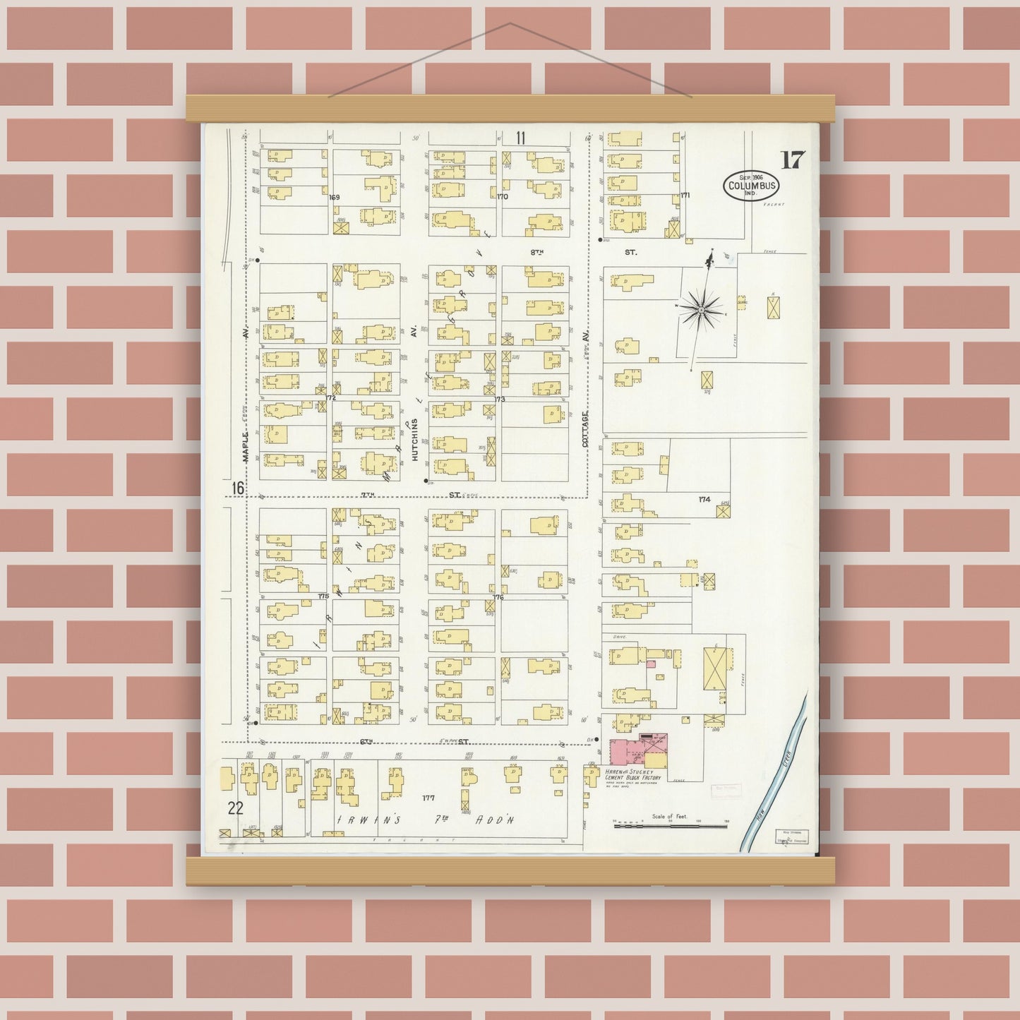 Old map wall art mockup — magnetic wood frame on brick wall — Sanborn Fire Insurance Map from Columbus, Bartholomew County, Indiana (1906), Sheet #0017