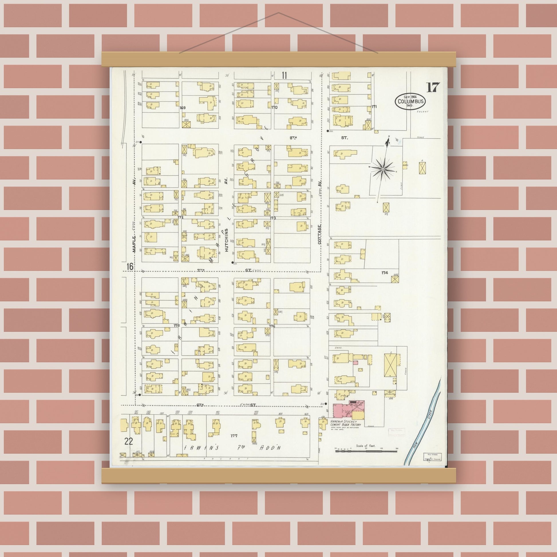 Old map wall art mockup — magnetic wood frame on brick wall — Sanborn Fire Insurance Map from Columbus, Bartholomew County, Indiana (1906), Sheet #0017