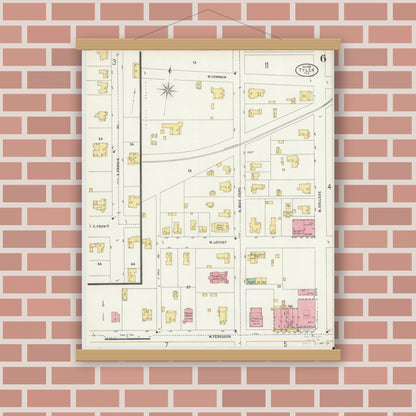 Old map wall art mockup — magnetic wood frame on brick wall — Sanborn Fire Insurance Map from Tyler, Smith County, Texas (1898), Sheet #0006