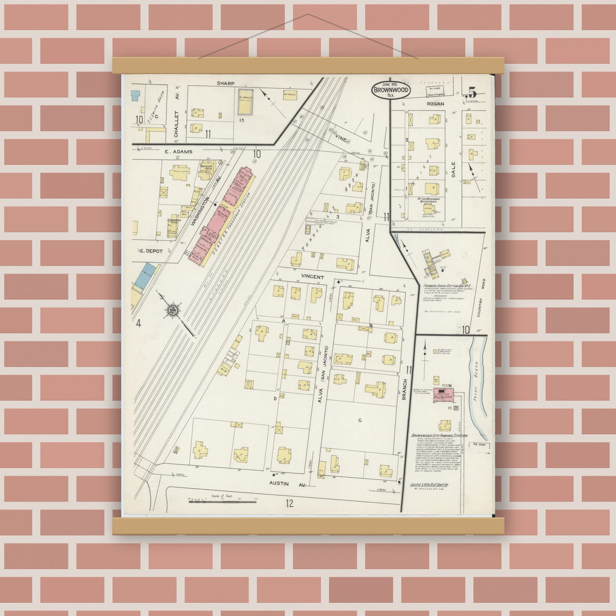 Old map wall art mockup — magnetic wood frame on brick wall — Sanborn Fire Insurance Map from Brownwood, Brown County, Texas (1915), Sheet #0005