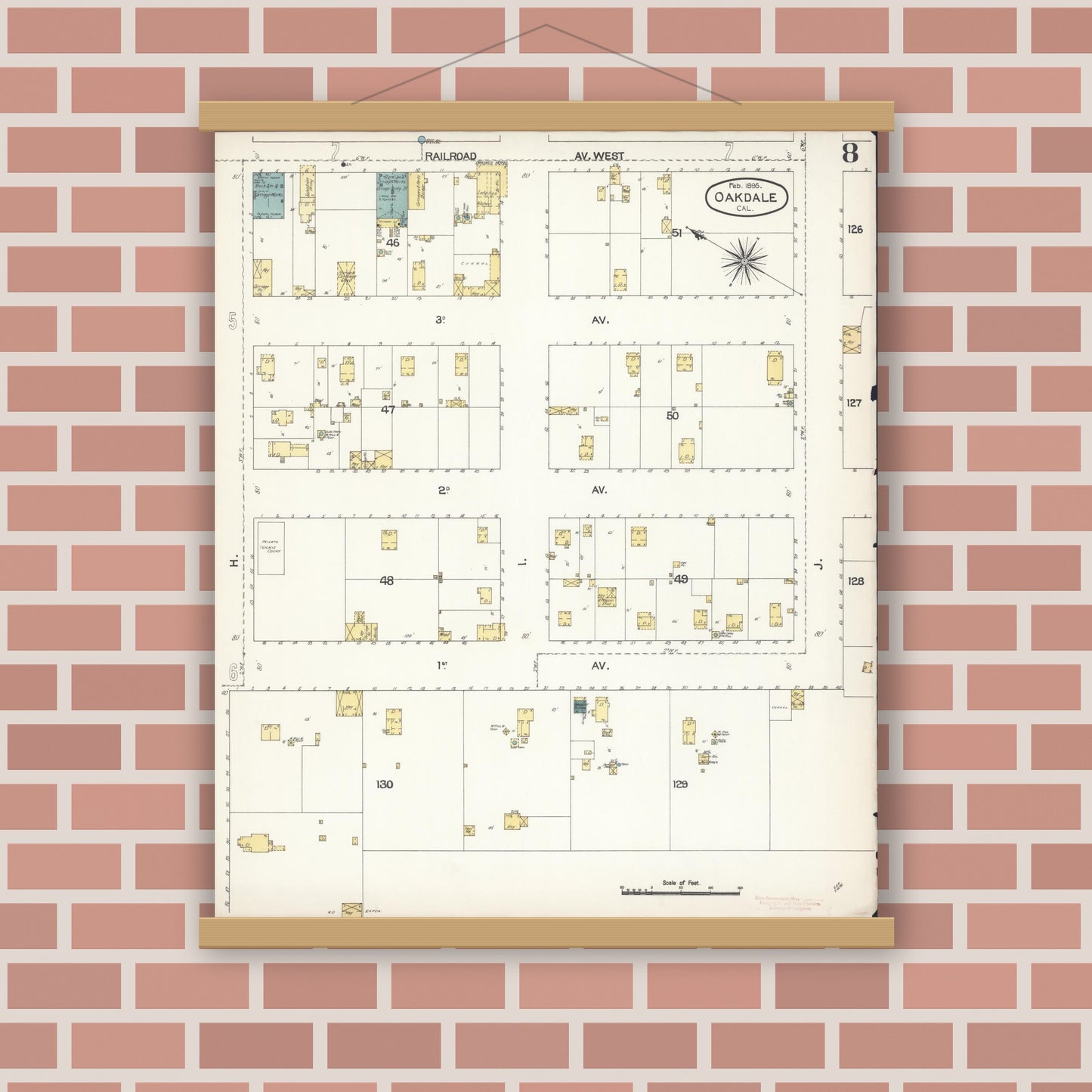 Old map wall art mockup — magnetic wood frame on brick wall — Sanborn Fire Insurance Map from Oakdale, Stanislaus County, California (1895), Sheet #0008