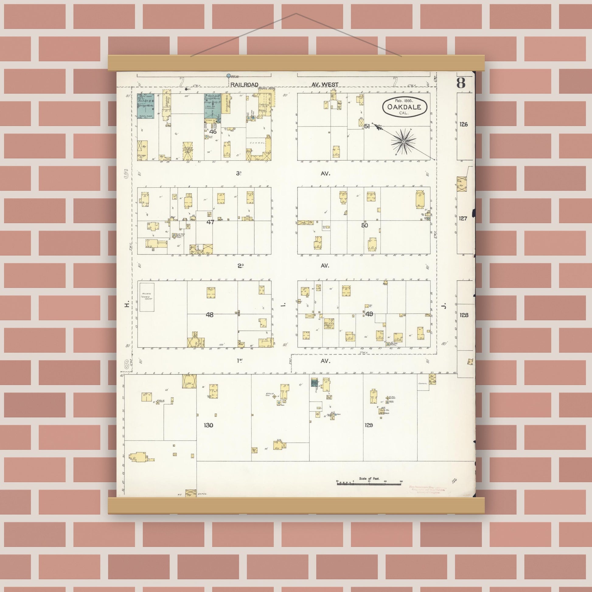 Old map wall art mockup — magnetic wood frame on brick wall — Sanborn Fire Insurance Map from Oakdale, Stanislaus County, California (1895), Sheet #0008