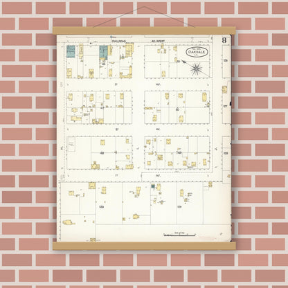 Old map wall art mockup — magnetic wood frame on brick wall — Sanborn Fire Insurance Map from Oakdale, Stanislaus County, California (1895), Sheet #0008