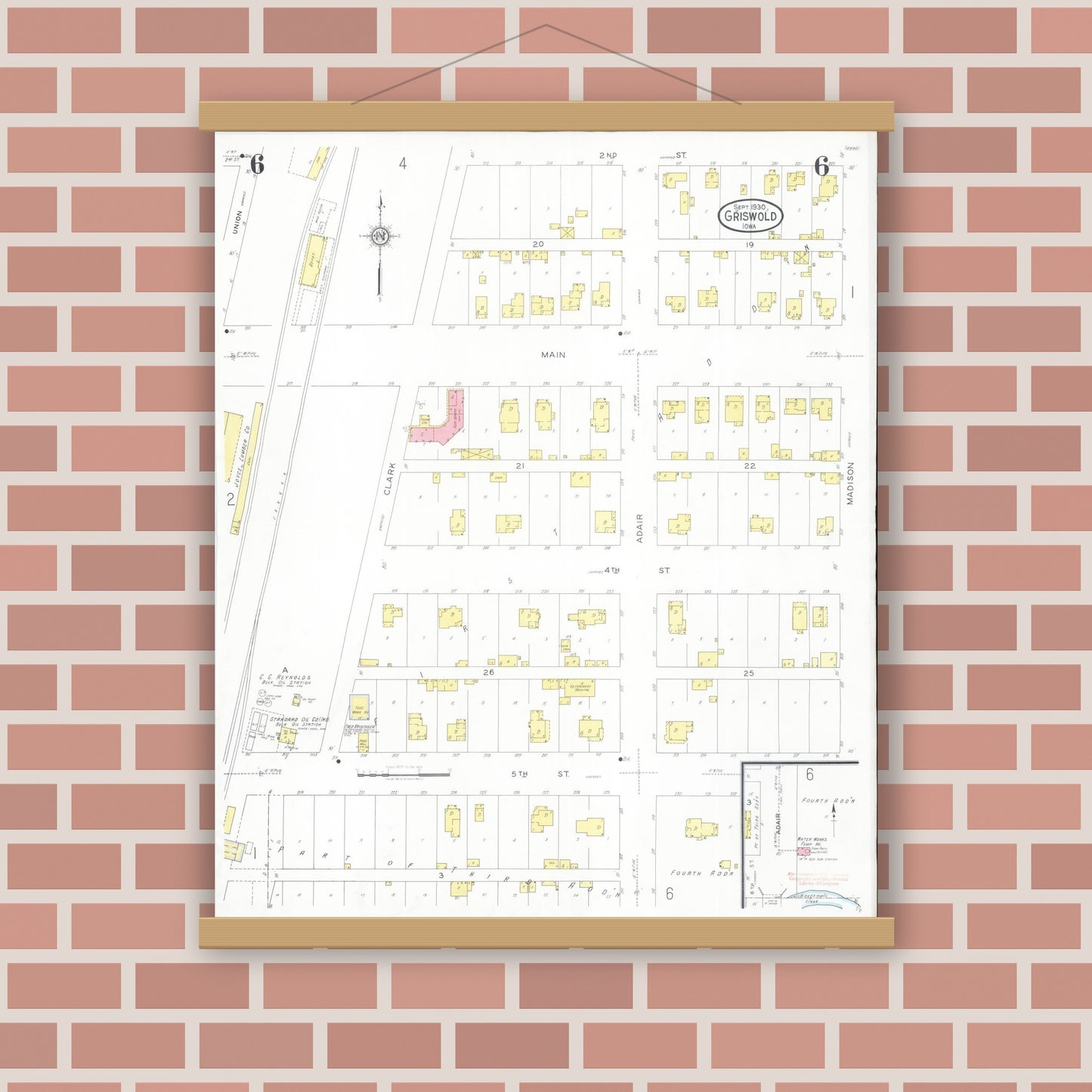 Old map wall art mockup — magnetic wood frame on brick wall — Sanborn Fire Insurance Map from Griswold, Cass County, Iowa (1930), Sheet #0006