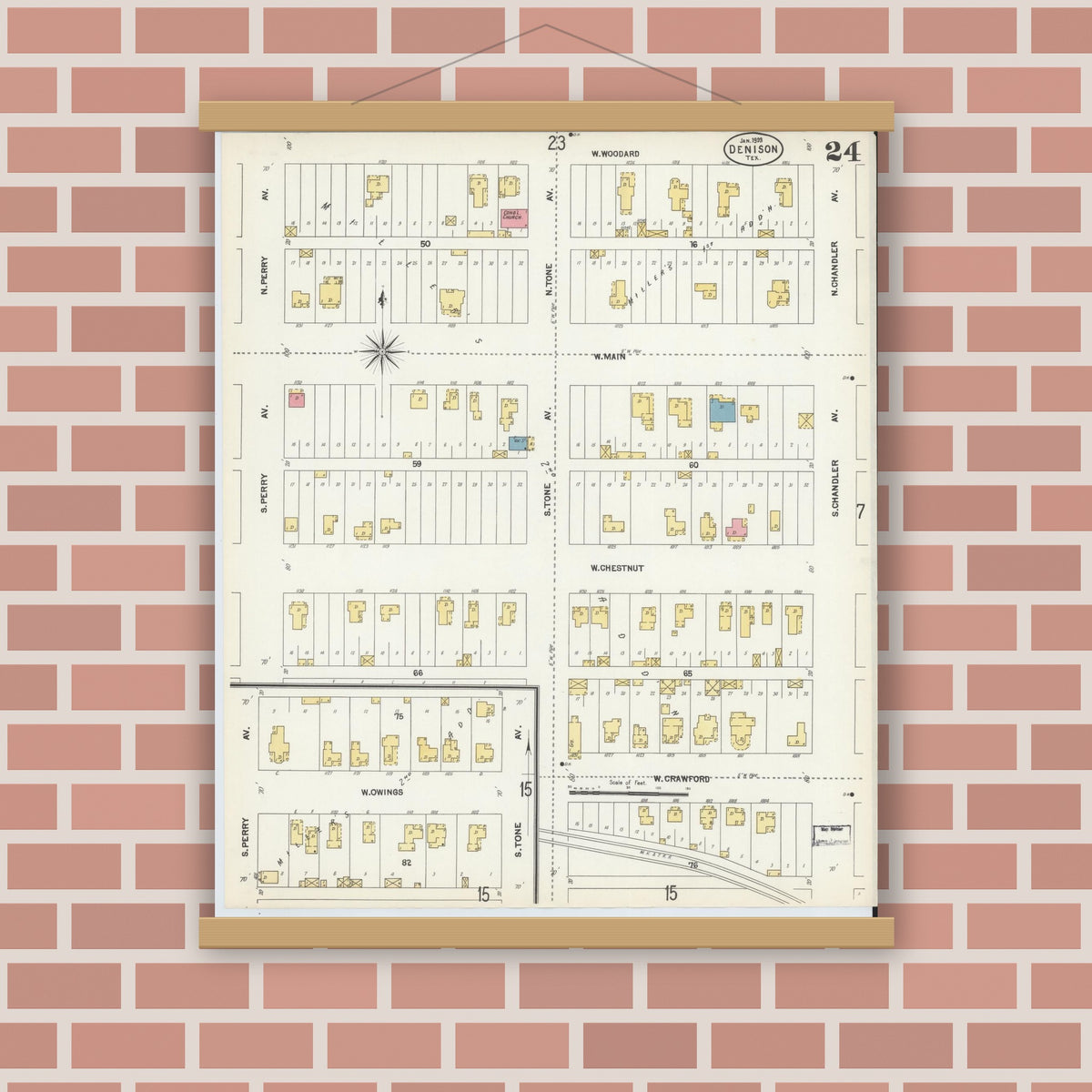 Old map wall art mockup — magnetic wood frame on brick wall — Sanborn Fire Insurance Map from Denison, Grayson County, Texas (1903), Sheet #0024