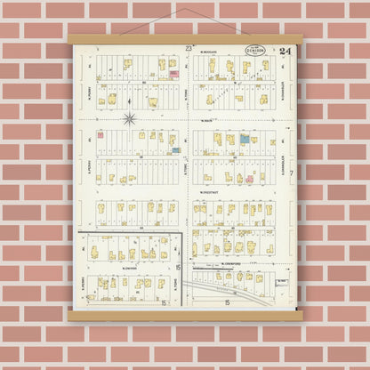 Old map wall art mockup — magnetic wood frame on brick wall — Sanborn Fire Insurance Map from Denison, Grayson County, Texas (1903), Sheet #0024