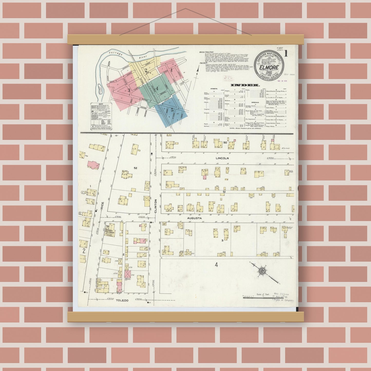 Old map wall art mockup — magnetic wood frame on brick wall — Sanborn Fire Insurance Map from Elmore, Ottawa County, Ohio (1910), Sheet #0001