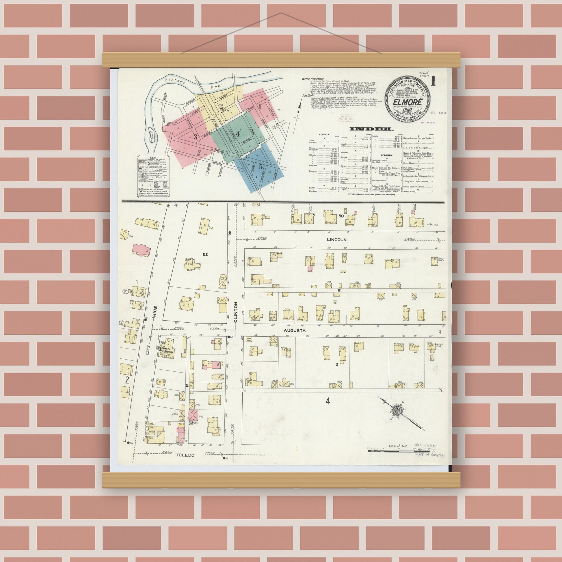 Old map wall art mockup — magnetic wood frame on brick wall — Sanborn Fire Insurance Map from Elmore, Ottawa County, Ohio (1910), Sheet #0001