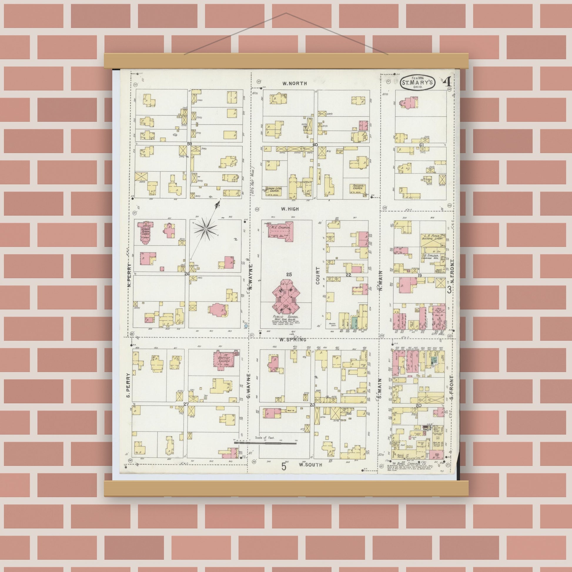Old map wall art mockup — magnetic wood frame on brick wall — Sanborn Fire Insurance Map from Saint Marys, Auglaize County, Ohio (1896), Sheet #0004