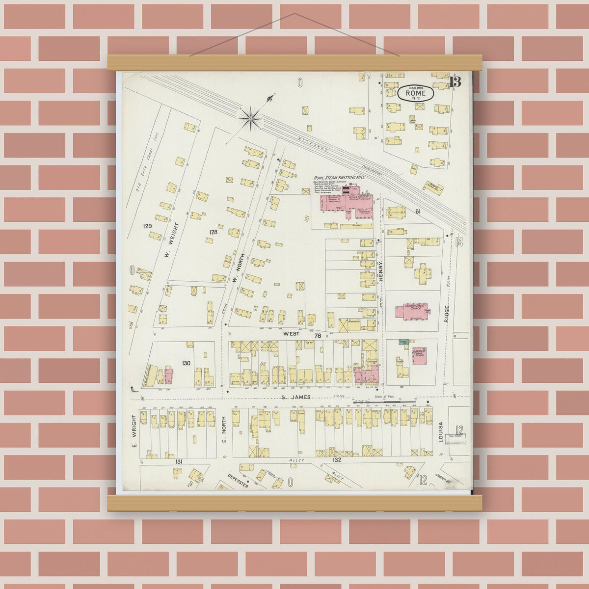 Old map wall art mockup — magnetic wood frame on brick wall — Sanborn Fire Insurance Map from Rome, Oneida County, New York (1894), Sheet #0013