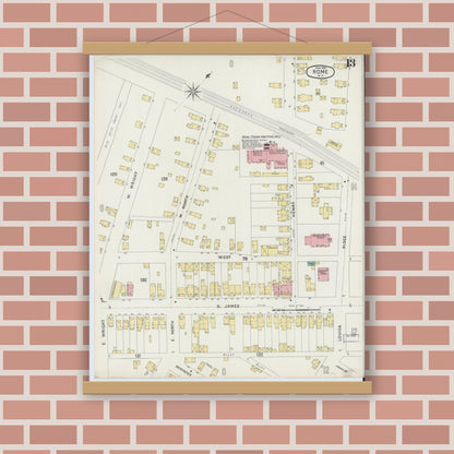 Old map wall art mockup — magnetic wood frame on brick wall — Sanborn Fire Insurance Map from Rome, Oneida County, New York (1894), Sheet #0013