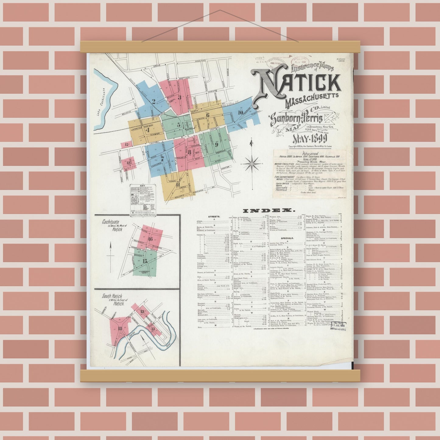 Old map wall art mockup — magnetic wood frame on brick wall — Sanborn Fire Insurance Map from Natick, Middlesex County, Massachusetts (1899), Sheet #0001