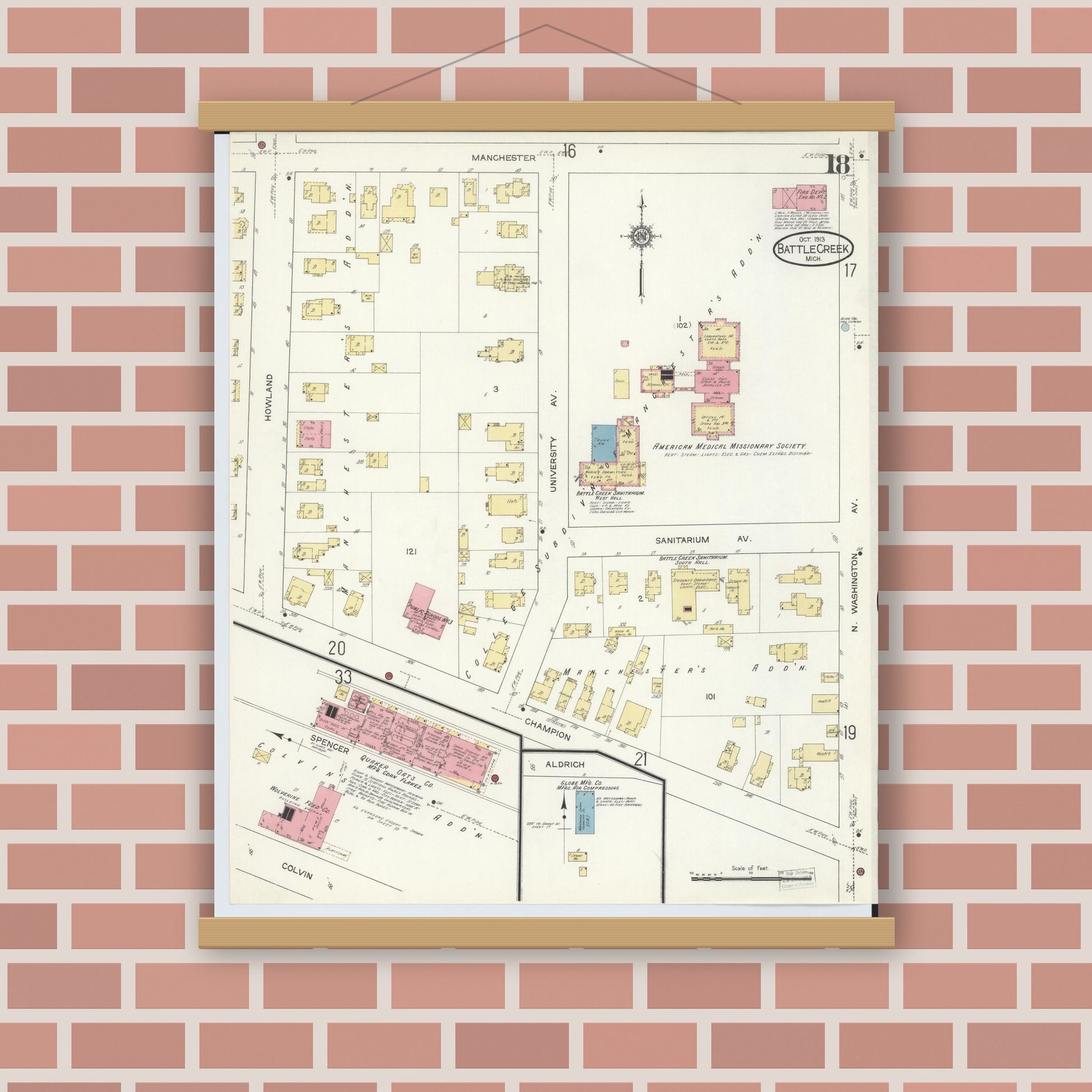 Old map wall art mockup — magnetic wood frame on brick wall — Sanborn Fire Insurance Map from Battle Creek, Calhoun County, Michigan (1913), Sheet #0018