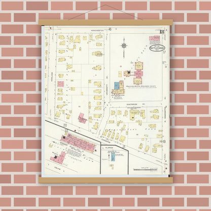 Old map wall art mockup — magnetic wood frame on brick wall — Sanborn Fire Insurance Map from Battle Creek, Calhoun County, Michigan (1913), Sheet #0018
