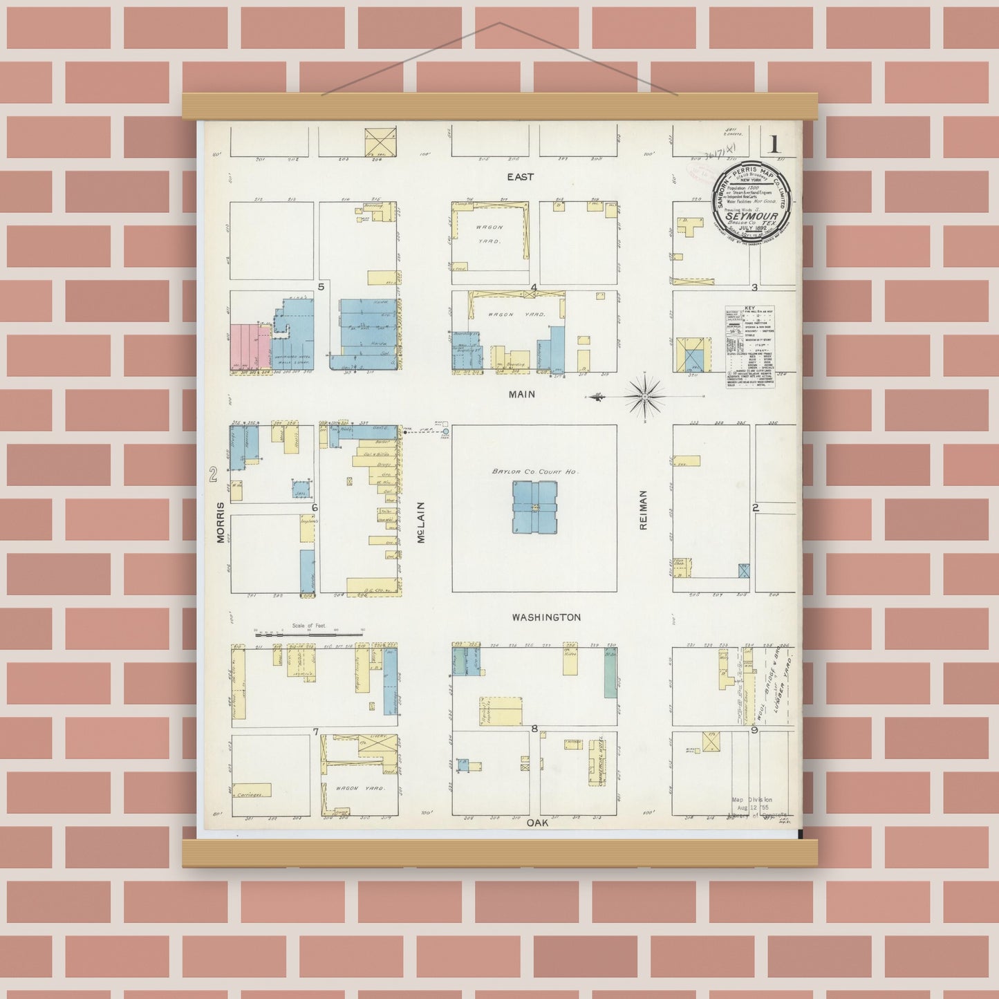 Old map wall art mockup — magnetic wood frame on brick wall — Sanborn Fire Insurance Map from Seymour, Baylor County, Texas (1892) - Complete Map Set