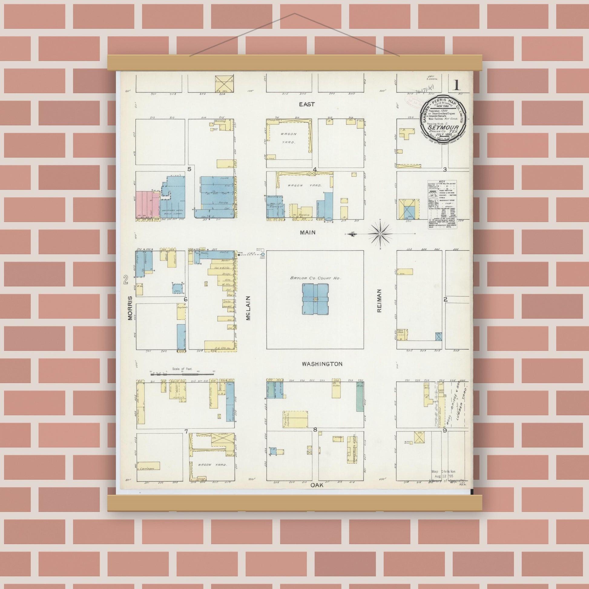 Old map wall art mockup — magnetic wood frame on brick wall — Sanborn Fire Insurance Map from Seymour, Baylor County, Texas (1892) - Complete Map Set