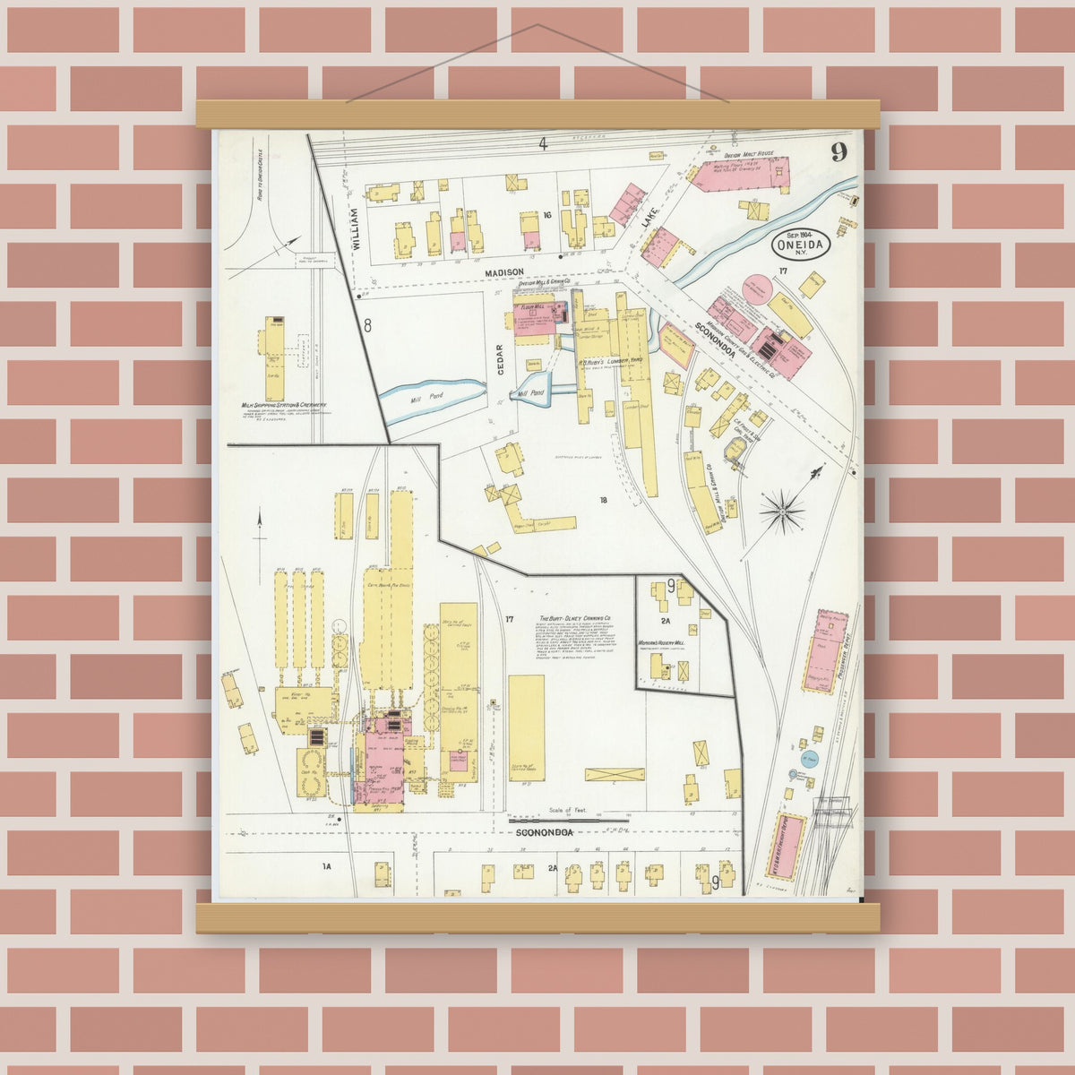 Old map wall art mockup — magnetic wood frame on brick wall — Sanborn Fire Insurance Map from Oneida, Madison County, New York (1904), Sheet #0008