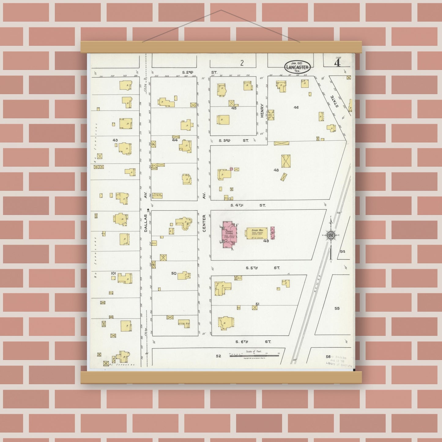 Old map wall art mockup — magnetic wood frame on brick wall — Sanborn Fire Insurance Map from Lancaster, Dallas County, Texas (1921), Sheet #0004