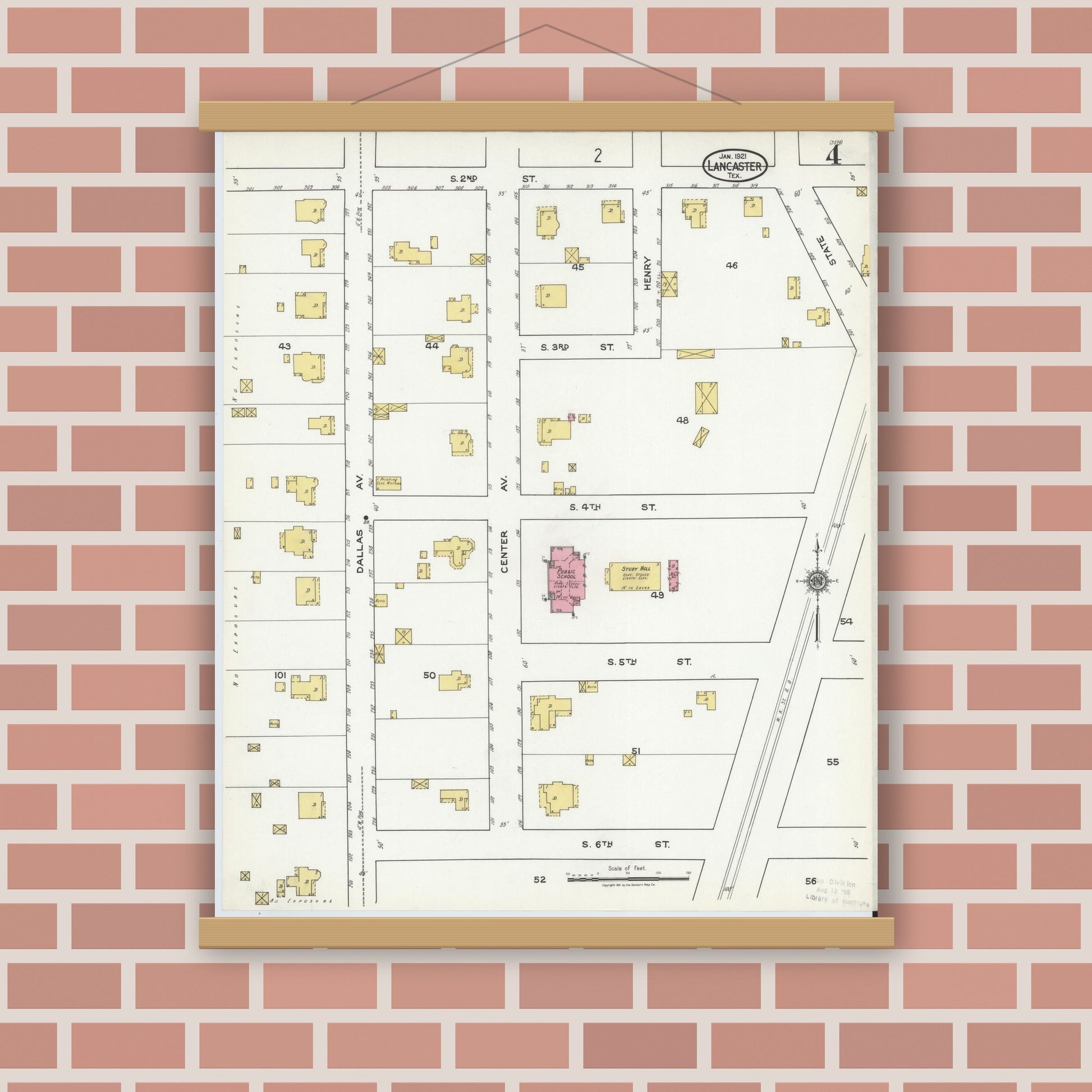 Old map wall art mockup — magnetic wood frame on brick wall — Sanborn Fire Insurance Map from Lancaster, Dallas County, Texas (1921), Sheet #0004