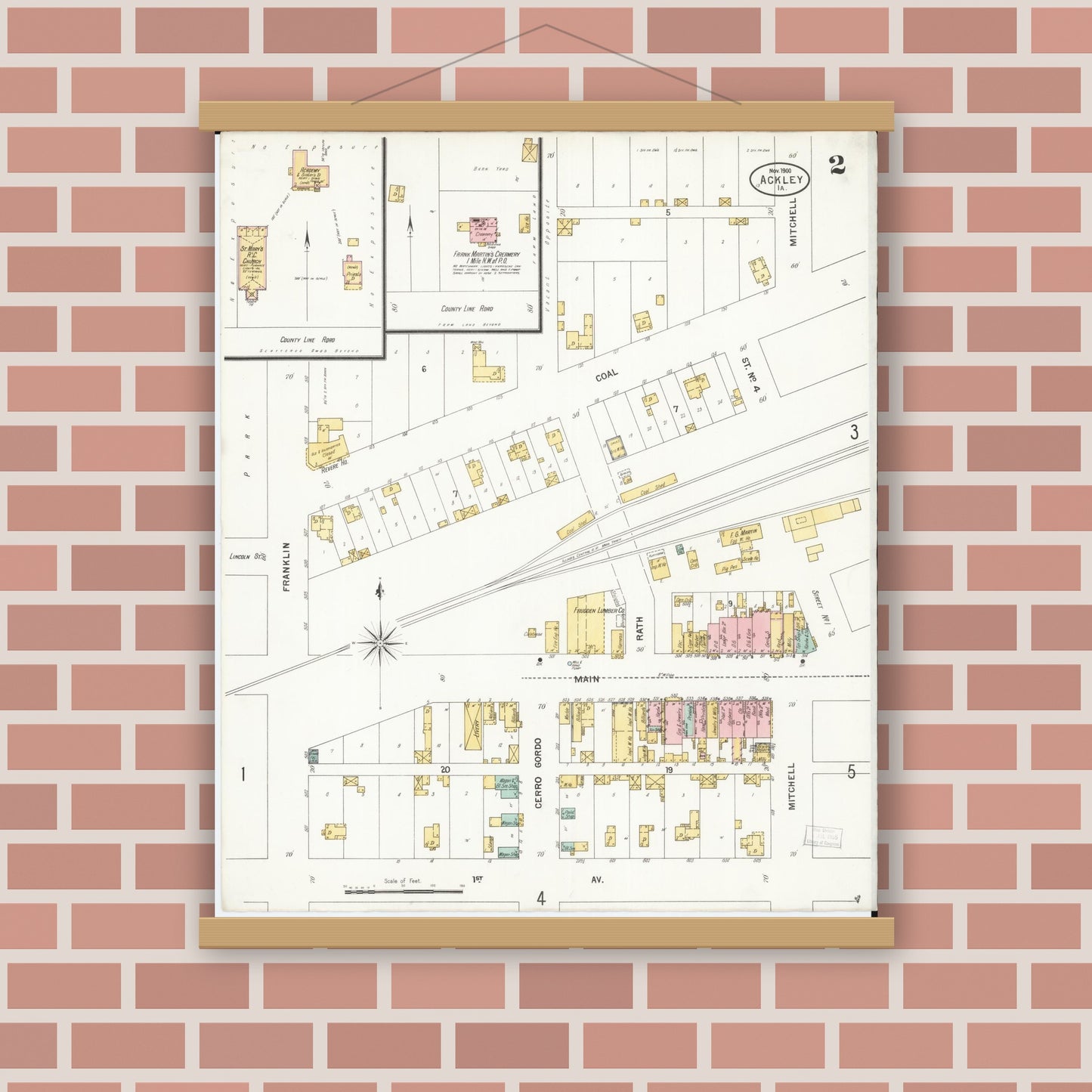 Old map wall art mockup — magnetic wood frame on brick wall — Sanborn Fire Insurance Map from Ackley, Hardin and Franklin Counties, Iowa (1900), Sheet #0002